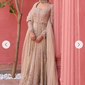 Embellished Long-Sleeve Beige Evening Dress with Dupatta